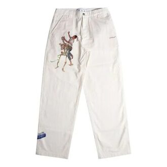 Pantaloni lungi drepți cu imprimeu, croi larg, albi