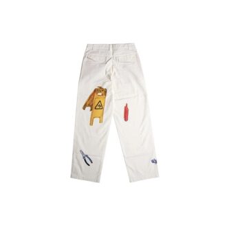 Pantaloni lungi drepți cu imprimeu, croi larg, albi