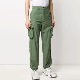 Pantaloni lungi drepți cu talie înaltă, croi larg, cu mai multe buzunare, verde