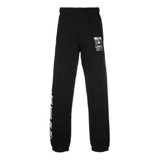 Pantaloni lungi sport cu imprimeu alfabet și model Mona Lisa, negri