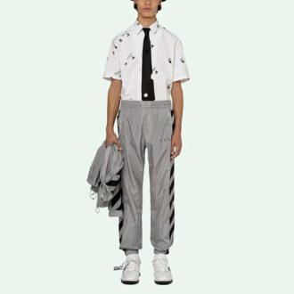 Pantaloni lungi sport cu imprimeu cu dungi și logo SS21, gri deschis