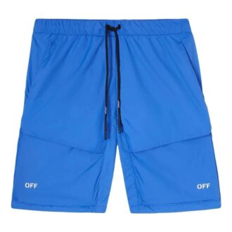 Pantaloni scurți casual pentru bărbați Off-White FW22 cu imprimeu cu dungi diagonale și logo, cu șnur de strângere, versiune albastră Pantaloni scurți casual pentru bărbați Off-White FW22 cu imprimeu cu dungi diagonale și logo, cu șnur de strângere, versiune albastră