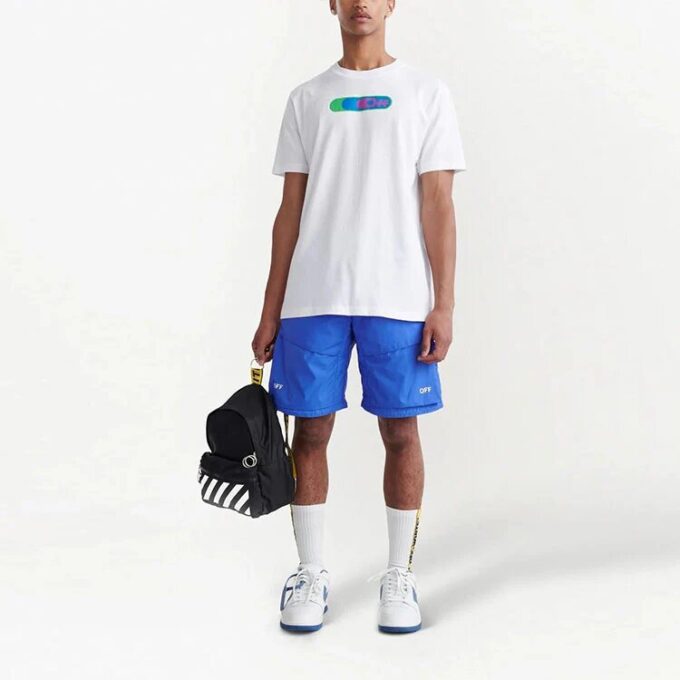 Pantaloni scurți casual pentru bărbați Off-White FW22 cu imprimeu cu dungi diagonale și logo, cu șnur de strângere, versiune albastră