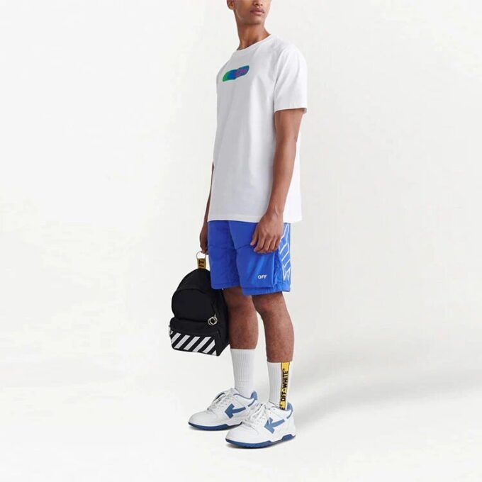 Pantaloni scurți casual pentru bărbați Off-White FW22 cu imprimeu cu dungi diagonale și logo, cu șnur de strângere, versiune albastră