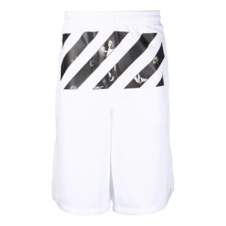 Pantaloni scurți casual pentru bărbați Off-White FW22, din twill imprimat, lungime până la genunchi, talie elastică, croială largă, albi Pantaloni scurți casual pentru bărbați Off-White FW22, din twill imprimat, lungime până la genunchi, talie elastică, croială largă, albi