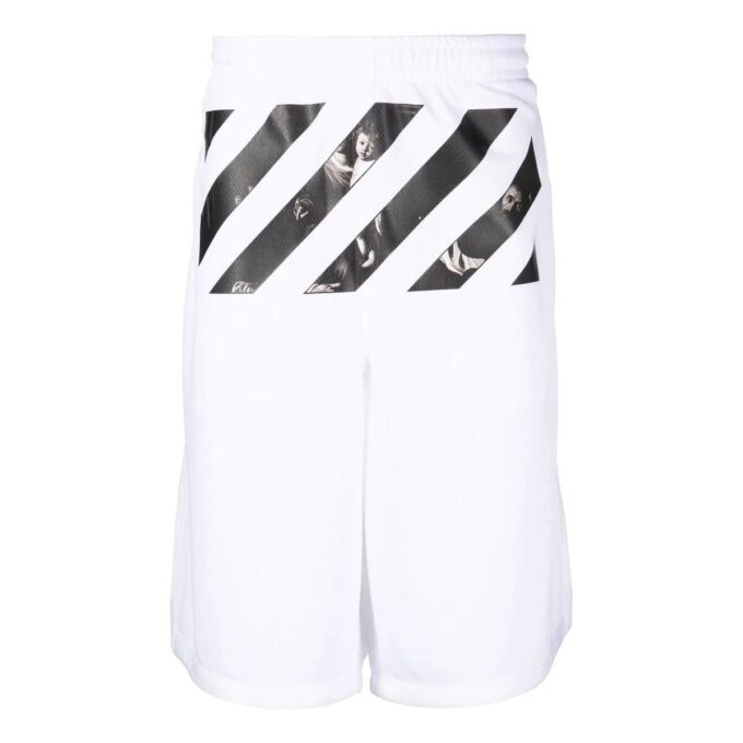 Pantaloni scurți casual pentru bărbați Off-White FW22, din twill imprimat, lungime până la genunchi, talie elastică, croială largă, albi