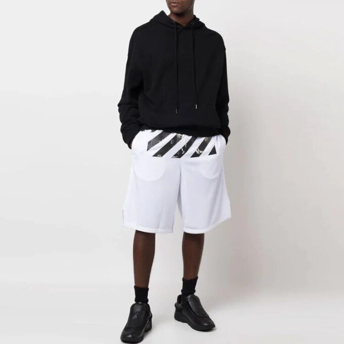 Pantaloni scurți casual pentru bărbați Off-White FW22, din twill imprimat, lungime până la genunchi, talie elastică, croială largă, albi