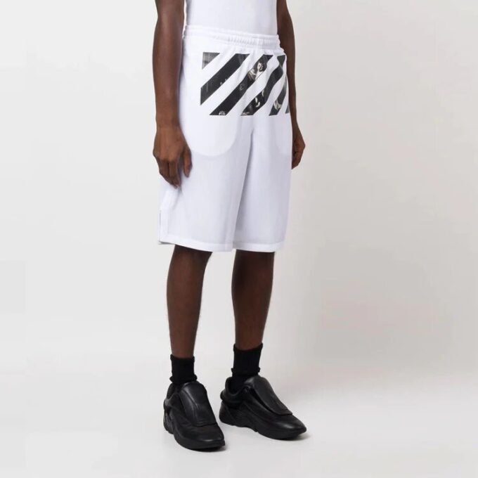 Pantaloni scurți casual pentru bărbați Off-White FW22, din twill imprimat, lungime până la genunchi, talie elastică, croială largă, albi
