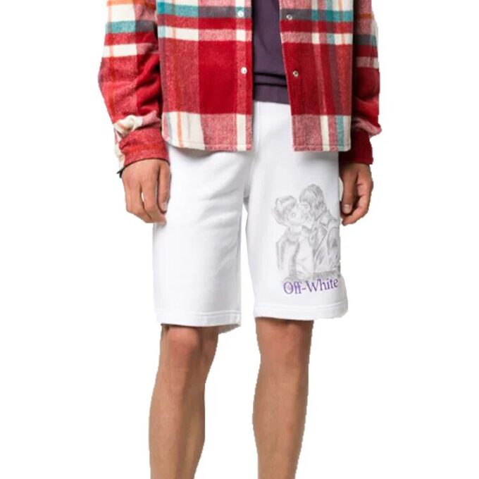 Pantaloni Scurți cu imprimeu portret, albi