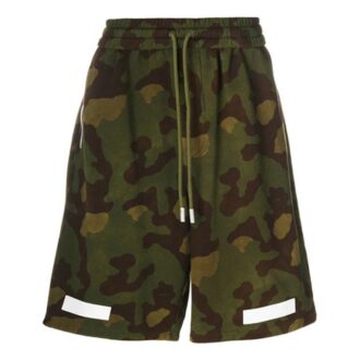 Pantaloni scurți de camuflaj din bumbac pentru bărbați Off-White, verde militar Pantaloni scurți de camuflaj din bumbac pentru bărbați Off-White, verde militar