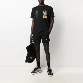 Pantaloni scurți de ciclism pentru bărbați Off-White SS21, cu talie elastică și imprimeu cu litere, negri Pantaloni scurți de ciclism pentru bărbați Off-White SS21, cu talie elastică și imprimeu cu litere, negri