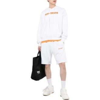Pantaloni Scurți drepți pentru bărbați Off-White, de culoare solidă, cu imprimeu logo și talie elastică, albi Pantaloni Scurți drepți pentru bărbați Off-White, de culoare solidă, cu imprimeu logo și talie elastică, albi