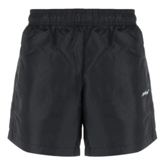 Pantaloni Scurți Off-White pentru bărbați, colecția SS22, cu imprimeu logo, talie elastică, negri, croi drept Pantaloni Scurți Off-White pentru bărbați, colecția SS22, cu imprimeu logo, talie elastică, negri, croi drept
