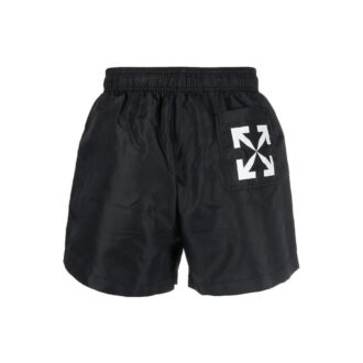 Pantaloni Scurți Off-White pentru bărbați, colecția SS22, cu imprimeu logo, talie elastică, negri, croi drept Pantaloni Scurți Off-White pentru bărbați, colecția SS22, cu imprimeu logo, talie elastică, negri, croi drept