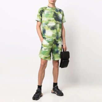 Pantaloni Scurți sport tricotati pentru bărbați Off-White cu logo, croială largă, verde Pantaloni Scurți sport tricotati pentru bărbați Off-White cu logo, croială largă, verde
