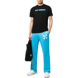 Pantaloni sport drepți pentru bărbați Off-White SS22, culoare solidă, cu imprimeu logo, toamnă, croială slim, albastru