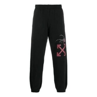 Pantaloni sport/pantaloni/joggers Off-White pentru bărbați, negri, cu imprimeu cu logo și model de păianjen Pantaloni sport/pantaloni/joggers Off-White pentru bărbați, negri, cu imprimeu cu logo și model de păianjen