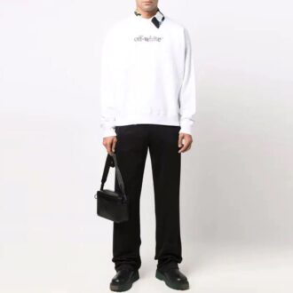 Pulover alb, larg, cu guler rotund și imprimeu cu litere Off-White pentru bărbați FW21