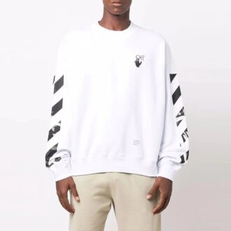 Pulover alb pentru bărbați Off-White FW21 cu imprimeu logo Arrows, guler rotund, croială lejeră