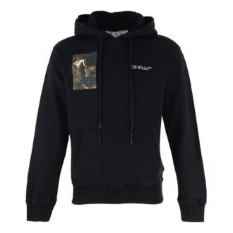 Pulover cu glugă din bumbac pentru bărbați Off-White, cu mâneci lungi, imprimeu Caravaggio și litere, negru Pulover cu glugă din bumbac pentru bărbați Off-White, cu mâneci lungi, imprimeu Caravaggio și litere, negru