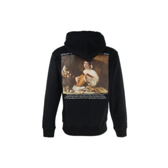Pulover cu glugă din bumbac pentru bărbați Off-White, cu mâneci lungi, imprimeu Caravaggio și litere, negru Pulover cu glugă din bumbac pentru bărbați Off-White, cu mâneci lungi, imprimeu Caravaggio și litere, negru