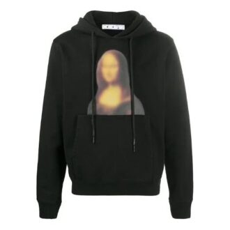 Pulover cu glugă și imprimeu Mona Lisa pentru bărbați, negru