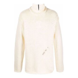 Pulover din lână alb, cu guler înalt, tricotat cu detalii, croială lejeră, pentru bărbați, Off-White