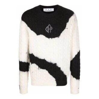 Pulover din lână alb, cu guler rotund, croi larg, model Tie Dye și blocuri de culoare, colecția FW21 Off-White pentru bărbați