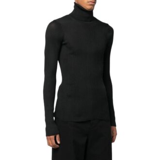 Pulover din lână cu croi slim fit și nervuri Helvet Off-White pentru bărbați, colecția SS22, negru
