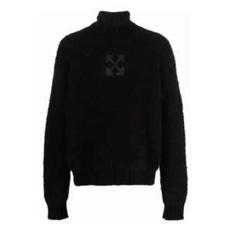 Pulover din lână cu guler înalt, imprimeu cu logo, Off-White pentru bărbați, colecția FW22, culoare solidă, negru Pulover din lână cu guler înalt, imprimeu cu logo, Off-White pentru bărbați, colecția FW22, culoare solidă, negru