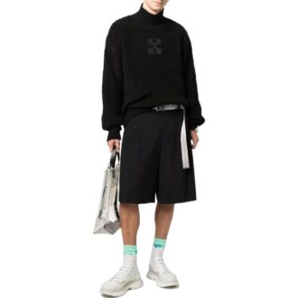 Pulover din lână cu guler înalt, imprimeu cu logo, Off-White pentru bărbați, colecția FW22, culoare solidă, negru Pulover din lână cu guler înalt, imprimeu cu logo, Off-White pentru bărbați, colecția FW22, culoare solidă, negru