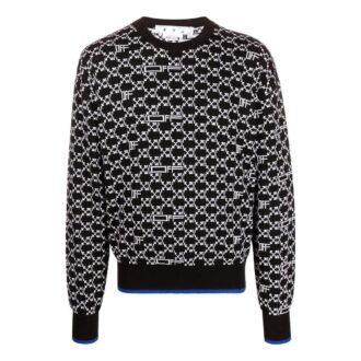 Pulover din lână cu guler rotund și mâneci lungi Off-White pentru bărbați, colecția SS22, cu logo și intarsii, negru Pulover din lână cu guler rotund și mâneci lungi Off-White pentru bărbați, colecția SS22, cu logo și intarsii, negru