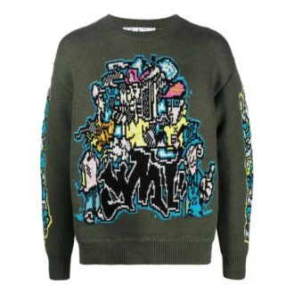 Pulover din lână cu mâneci lungi și tricot intarsiat Off-White pentru bărbați FW22, verde Pulover din lână cu mâneci lungi și tricot intarsiat Off-White pentru bărbați FW22, verde