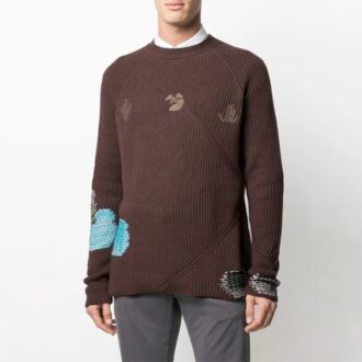 Pulover din lână cu nervuri brodat pentru bărbați Off-White, maro Pulover din lână cu nervuri brodat pentru bărbați Off-White, maro