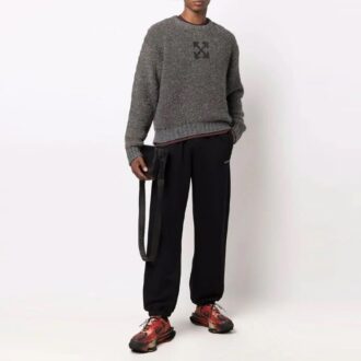 Pulover din lână Off-White pentru bărbați, cu logo în model de Arrows și jacquard, culoare solidă, gri