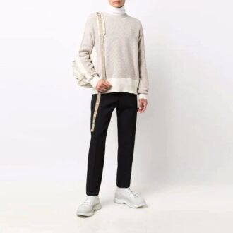 Pulover din lână Off-White pentru bărbați FW21 cu guler rotund, blocuri de culoare, croială lejeră, bej