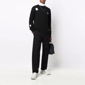 Pulover din lână Off-White pentru bărbați FW21 cu guler rotund decupat, mâneci lungi, croială lejeră, negru Pulover din lână Off-White pentru bărbați FW21 cu guler rotund decupat, mâneci lungi, croială lejeră, negru