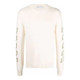 Pulover din lână Off-White pentru bărbați FW21 cu guler rotund și mâneci lungi, cu model de Arrows, alb Pulover din lână Off-White pentru bărbați FW21 cu guler rotund și mâneci lungi, cu model de Arrows, alb