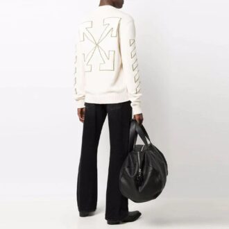 Pulover din lână Off-White pentru bărbați FW21 cu guler rotund și mâneci lungi, cu model de Arrows, alb Pulover din lână Off-White pentru bărbați FW21 cu guler rotund și mâneci lungi, cu model de Arrows, alb