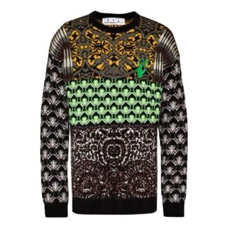 Pulover din lână Off-White pentru bărbați FW21 cu logo și model cu săgeți, guler rotund, croială largă, verde