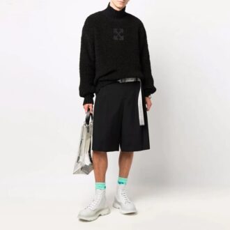Pulover din lână Off-White pentru bărbați FW21 cu logo, model monocrom, guler înalt, croială lejeră, negru