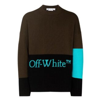 Pulover din lână Off-White pentru bărbați FW22 cu logo colorblock și intarsii, guler rotund și mâneci lungi, versiune maro închis