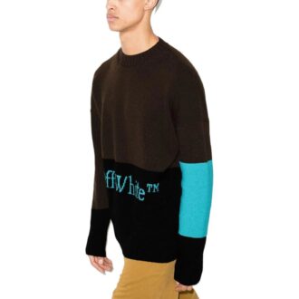 Pulover din lână Off-White pentru bărbați FW22 cu logo colorblock și intarsii, guler rotund și mâneci lungi, versiune maro închis