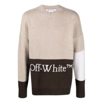 Pulover din lână Off-White pentru bărbați SS22 cu logo, intarsii și blocuri de culoare, bej