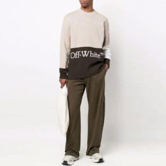 Pulover din lână Off-White pentru bărbați SS22 cu logo, intarsii și blocuri de culoare, bej