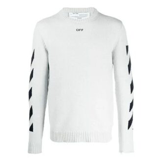 Pulover din lână pentru bărbați Off-White cu dungi diagonale și intarsii, croi slim, alb