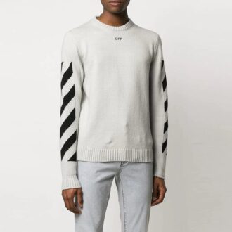 Pulover din lână pentru bărbați Off-White cu dungi diagonale și intarsii, croi slim, alb
