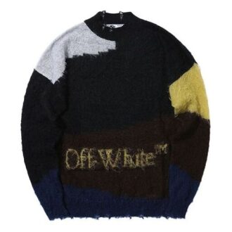 Pulover din lână pentru bărbați Off-White, cu guler rotund și mâneci lungi, în culori contrastante, negru Pulover din lână pentru bărbați Off-White, cu guler rotund și mâneci lungi, în culori contrastante, negru