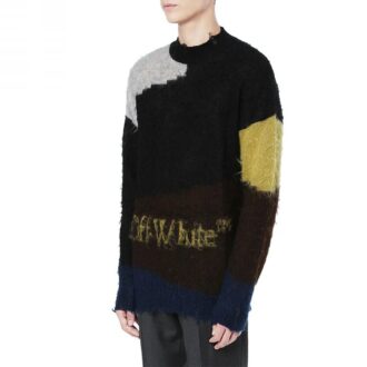 Pulover din lână pentru bărbați Off-White, cu guler rotund și mâneci lungi, în culori contrastante, negru Pulover din lână pentru bărbați Off-White, cu guler rotund și mâneci lungi, în culori contrastante, negru