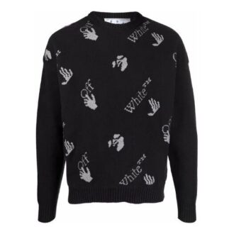 Pulover din lână pentru bărbați Off-White FW21 cu guler rotund, tricotat intarsiat, cu logo, croială lejeră, negru